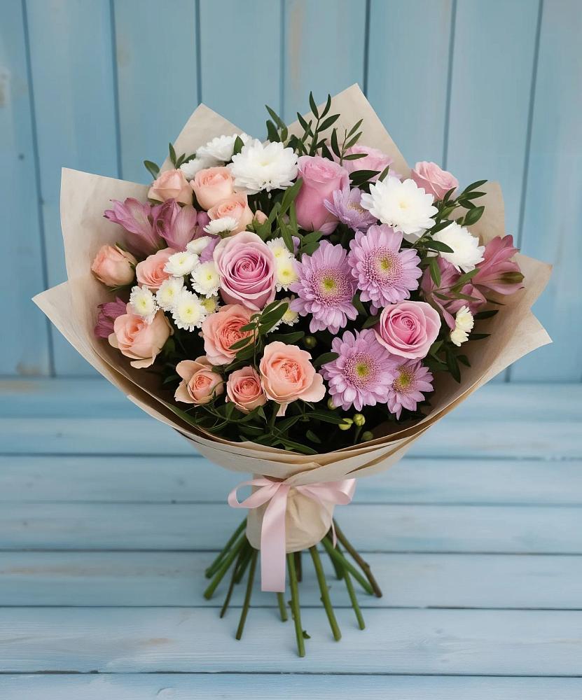 Букет цветов из: Хризантемы, Розы и Альстромерии в Турыгино