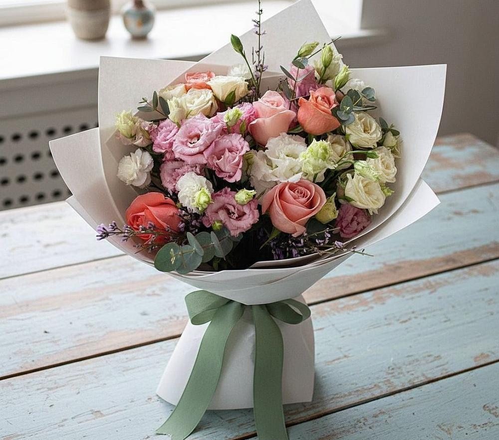 Букет цветов из: Розы, Лизиантусы и Гвоздики в Турыгино