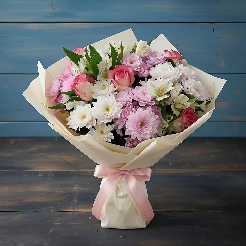 Букет цветов из: Хризантемы, Альстромерии и Розы в Турыгино